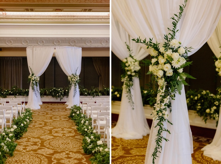 Chuppah with white drapery and ivory flowers