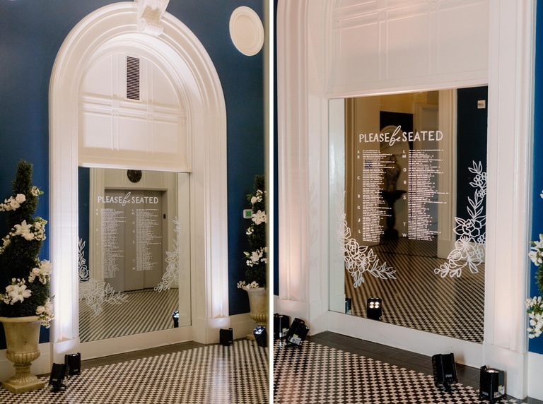Mirror seating chart at a wedding