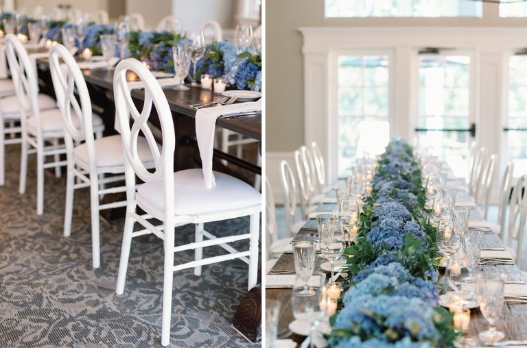 Floral table runner with blue hydrangeas at a summer wedding