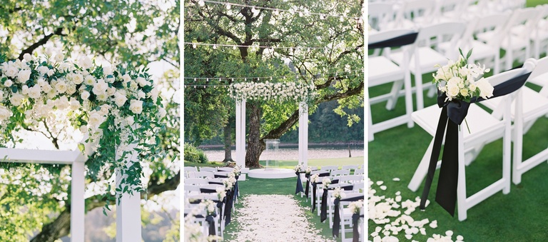 Outdoor wedding ceremony with white chairs and black chair sashes