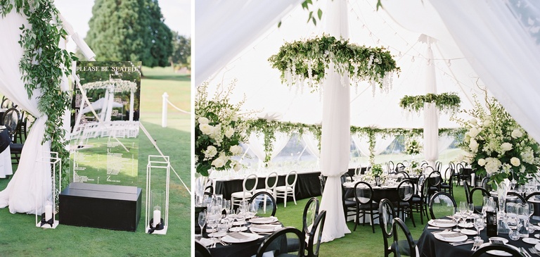 Black and white wedding reception in a sailcloth tent