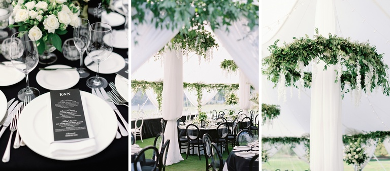 Black and white wedding reception in a sailcloth tent
