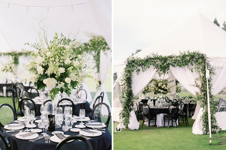 White flower centerpiece in a glass trumpet vase at an outdoor wedding reception