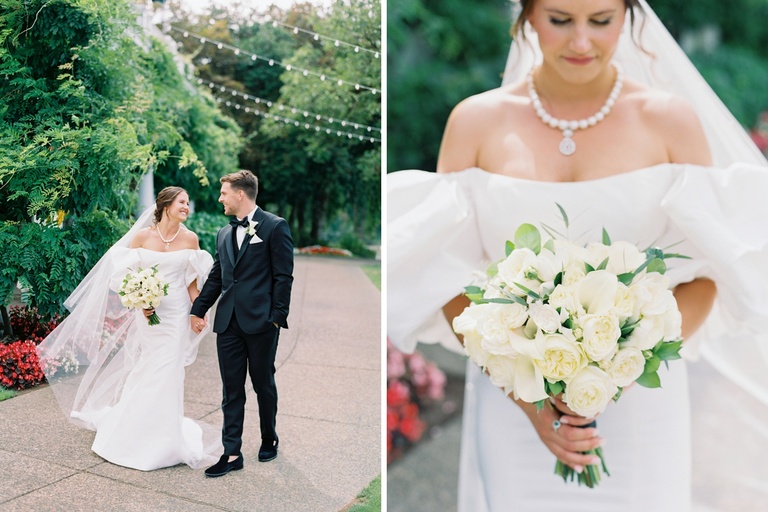 White wedding bouquet filled with garden roses and calla lilies by Haute Flowers