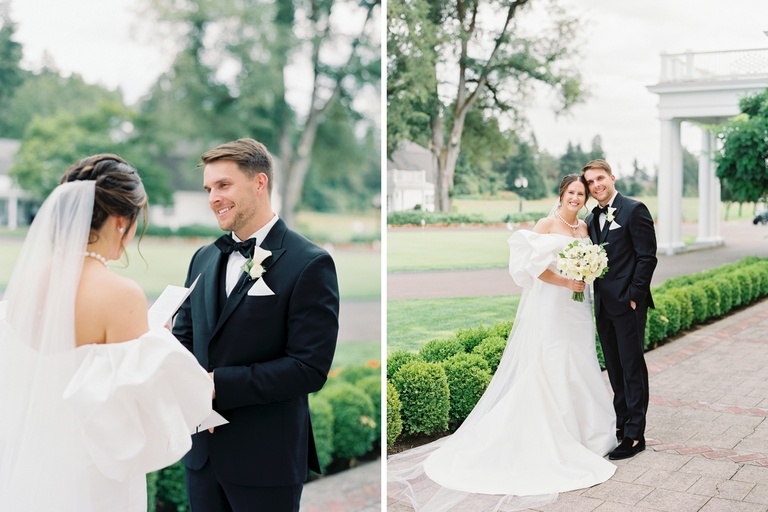 Bride and groom reading private vows before their wedding ceremony