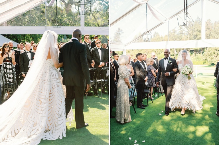 Outdoor wedding ceremony under a clear-top tent at Waverly Country Club