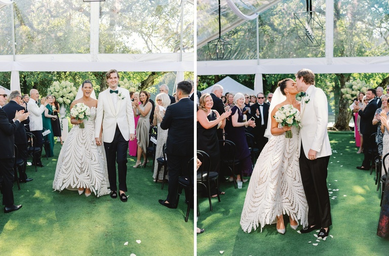 Outdoor wedding ceremony under a clear-top tent at Waverly Country Club