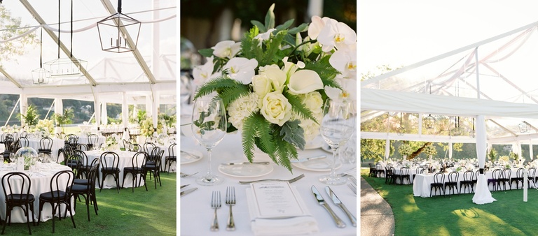 White floral centerpiece with roses, hydrangeas, calla lilies, and orchids by Haute Flowers