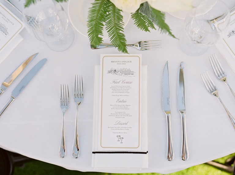 Wedding dinner menu with a custom venue illustration by Crave Design