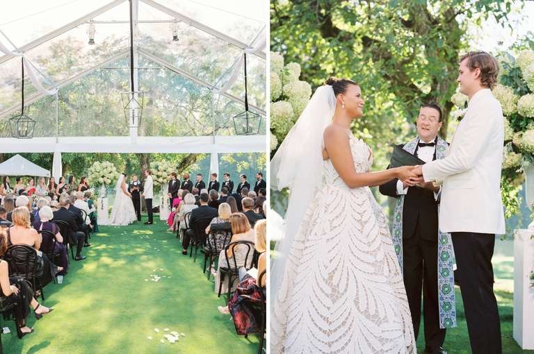 Outdoor wedding ceremony under a clear-top tent at Waverly Country Club