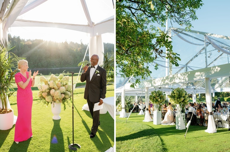 Outdoor wedding reception under a clear-top tent at Waverly Country Club