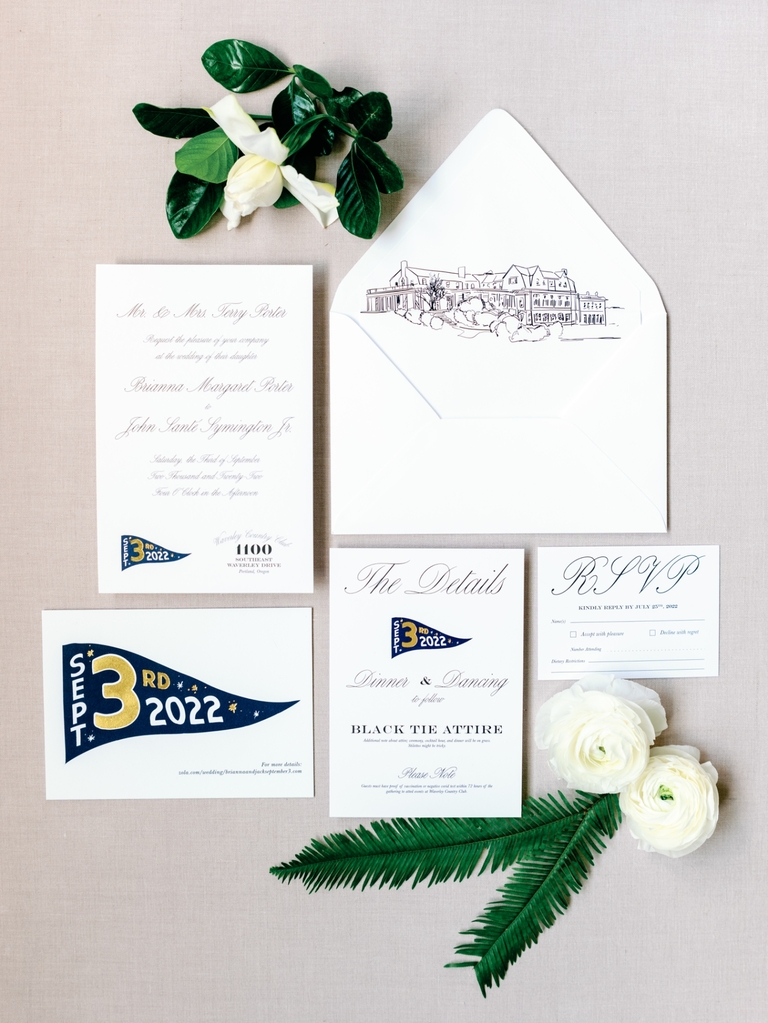 Wedding invitation suite with a custom venue illustration by Crave Design