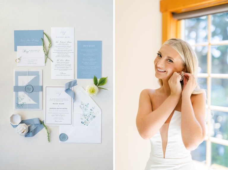 Flatlay of a blue and white elegant wedding invitation suite by Crave Design