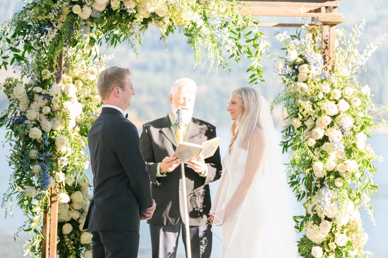 Backyard wedding ceremony overlooking the Columbia River Gorge