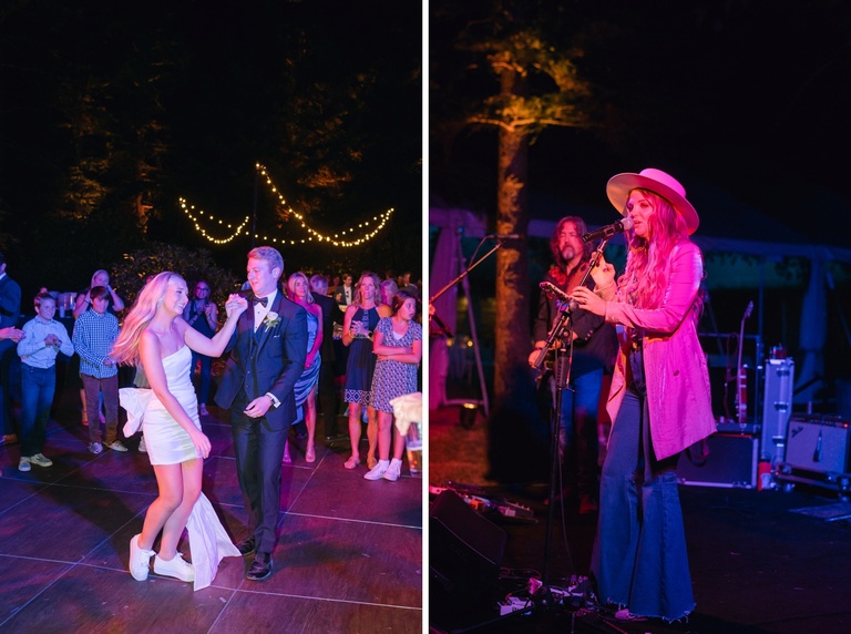 Bride and groom dancing at a backyard wedding