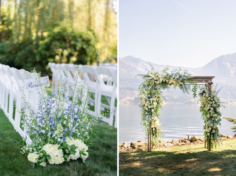Wedding ceremony aisle flowers with white hydrangeas and blue delphinium