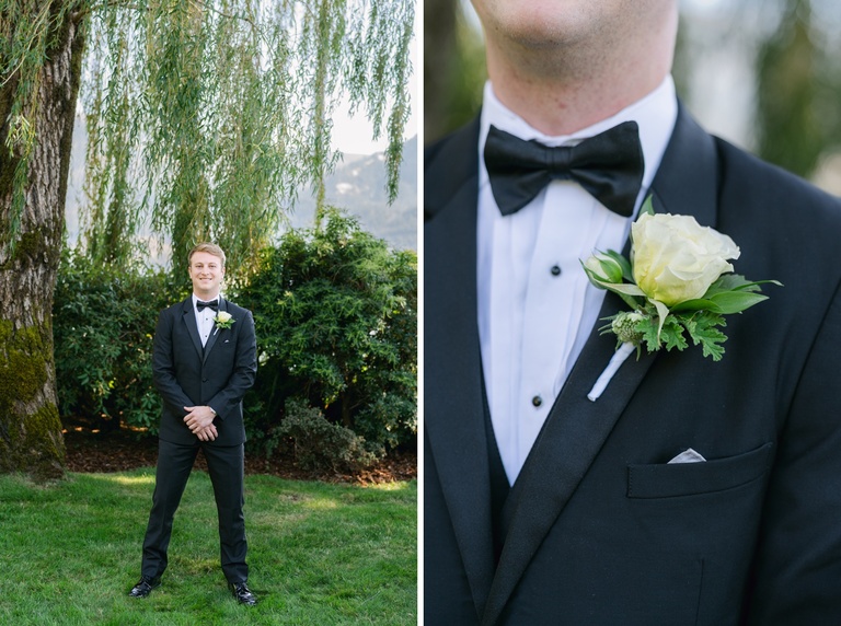 Groom wearing tuxedo with white rose boutonniere