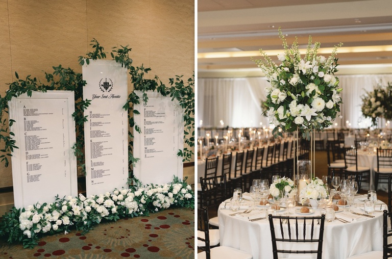 White floral centerpiece on a tall gold metal stand for a wedding reception